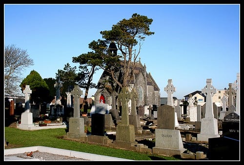 Irish Cemetry with Celtic Crosses Church and graveyard