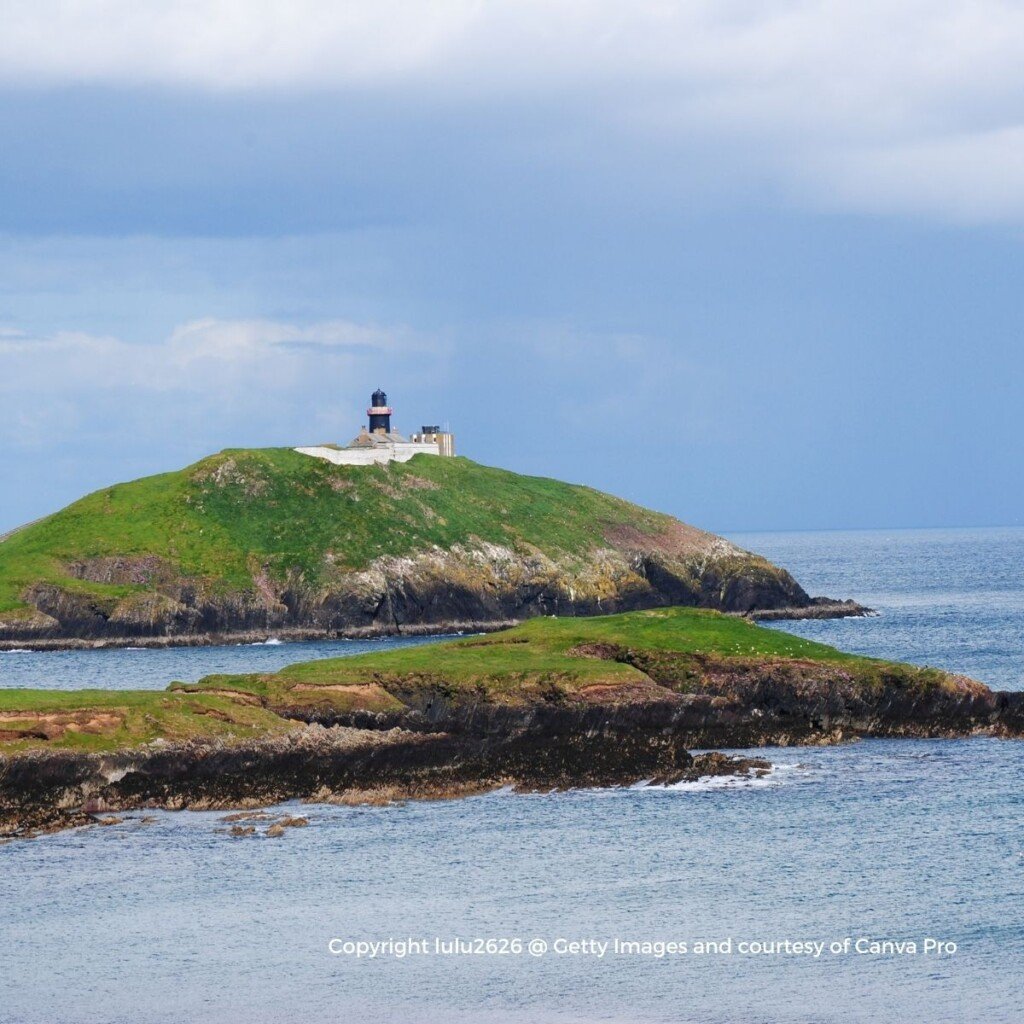 A black lighthouse on a green island off a rocky coast