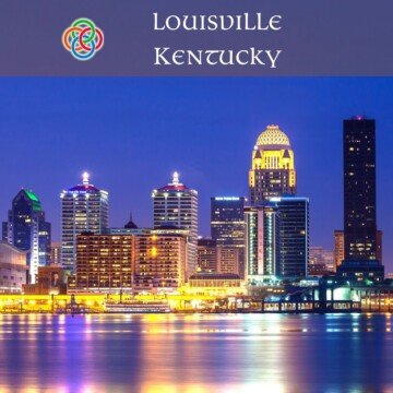 City skyline at night with a text banner