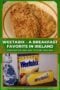 Two-panel Celtic-styled collage in cream, forest green, and burnt orange showing Weetabix biscuits in a bowl with cold milk and a sugar sprinkle, evoking an Irish breakfast tradition.