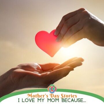 Two hands passing a heart with text banner