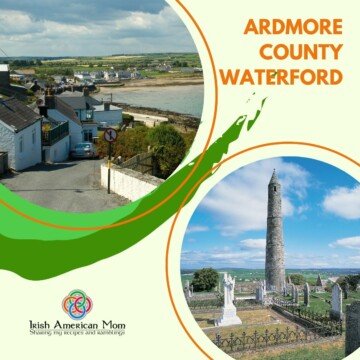 Photos of a town by the sea, and a round tower in a cemetry with text, logo and a paint splash