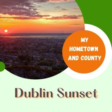 Sunset over a city on a graphic with text bubble and text banner