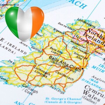 Map of Ireland with a heart shaped balloon in green white and orange stripes