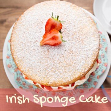 Sponge cake with powdered sugar and strawberry garnish with text overlay