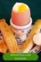 Boiled egg with toast strips and a text banner