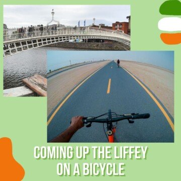 Bridge over a river plus a bicycle on a road with text overlay and decorative bubbles