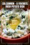 Close-up of a bowl of Irish colcannon with mashed potatoes and greens, topped with a melting pat of butter in the center, with text overlay describing it as an easy and authentic Irish potato dish.