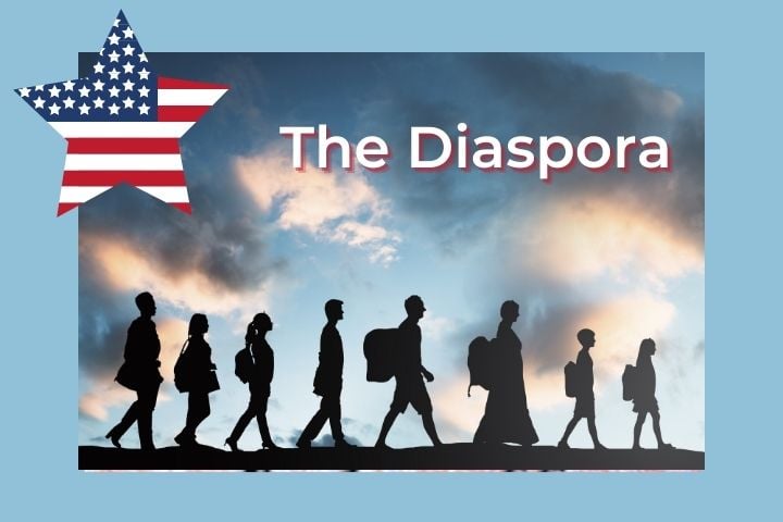 People marching in a line with text overlay and star with American flag pattern