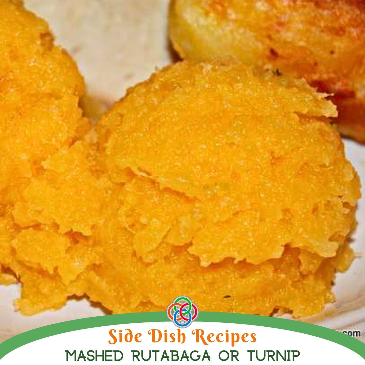 Close-up of creamy mashed rutabaga or turnip with a golden color, shown as a traditional Irish side dish.