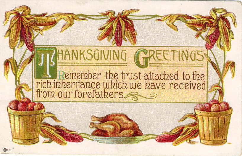 Vintage greeting card with text and a turkey on a platter