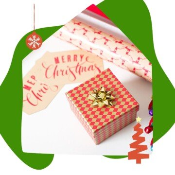 Wrapped gift with rolls of paper in a graphic with Chrismas motif