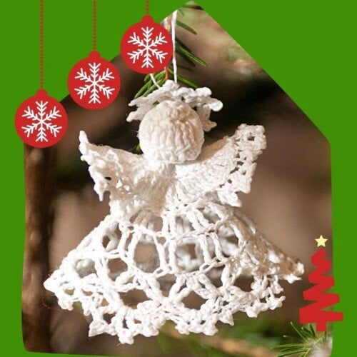Crochet angel on a graphic with ornaments and a swirl Christmas tree icon