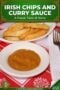 Single-image Celtic-styled poster of golden Irish chips and rich amber curry sauce with text banner in green and white with amber highlights.