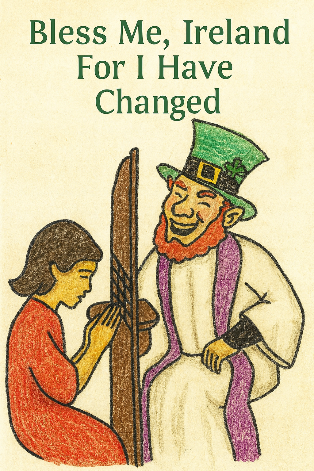 Bless Me Ireland Clipart Sketch of a girl in a confessional with a priest that looks like a leprechaun plus text