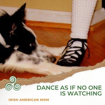 Dog watching a foot with a dance shoe on over a text banner