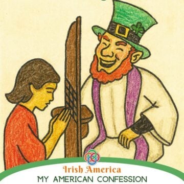 Sketch of a girl in a leprechaun confessional with a text banner