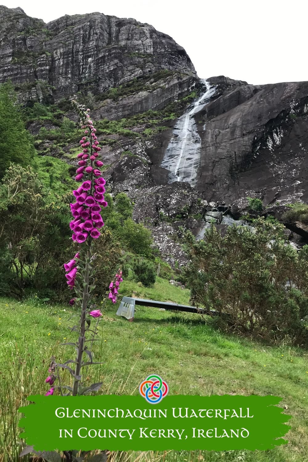 Waterfall and a foxglove with text banner