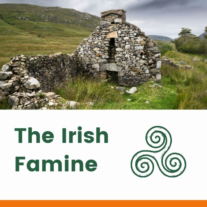 Ruined stone cottage over a text banner with Celtic Symbol