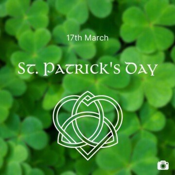 Shamrocks with text and Celtic symbol overlay