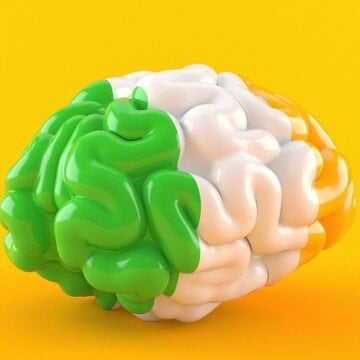 Model of a brain paintedin green white and orange stripes