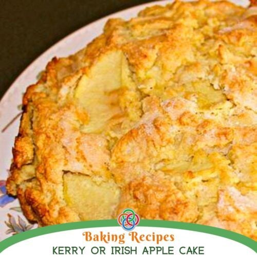 Rustic Irish apple cake with chunks of baked apples and a golden crumb topping, served on a plate as a traditional homemade dessert with text banner.