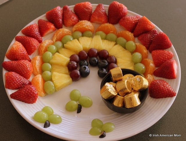 Rainbow Fruit Platter | Irish American Mom Strawberries, oranges grapes, pineapple and blueberries for a rainbow fruit platter
