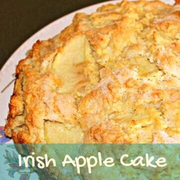 Golden topped apple cake with text overlay