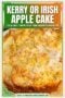 Rustic Irish apple cake with a golden crumb topping and visible apple pieces, baked in a round pan and presented as a traditional homemade dessert with text banner.