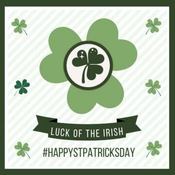 Graphic with shamrocks, banners and text