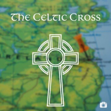 Celtic cross symbol and text overlay on a map of Ireland