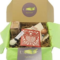 A close up of a gift box with green tissue paper