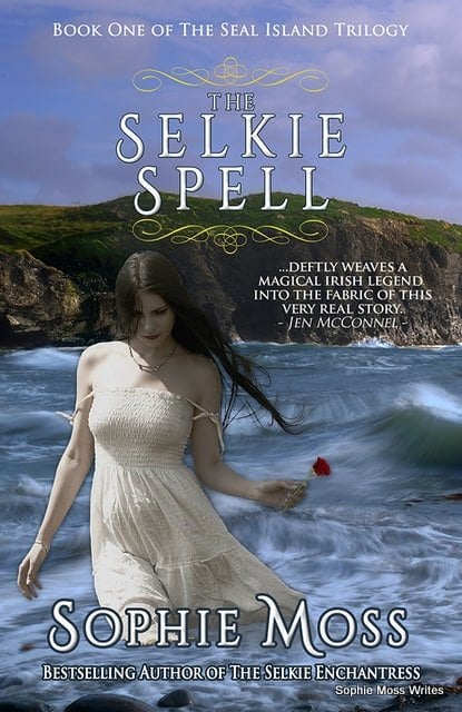 The Selkie Spell by Sophie Moss - Book Cover | Irish American Mom Woman walkin in the ocean beside cliffs
