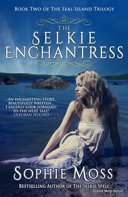 A selkie on the book cover for The Selkie Enchantress by Sophie Moss | Irish American Mom Woman on a rock with text on a book cover