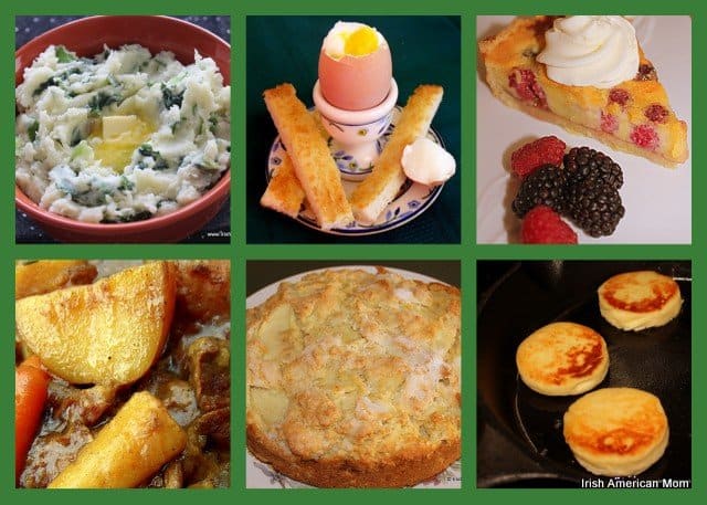 Stew, colcannon, berry tart, and potato cakes in a photo collage of Irish food