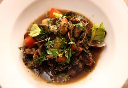 Irish Stew in a white bowl | Irish American Mom a bowl of garnished Irish stew