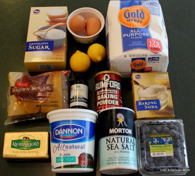 Ingredients for Lemon Blueberry Crumb Cake | Irish American Mom flour, sugar eggs and butter for lemon blueberry crumb cake