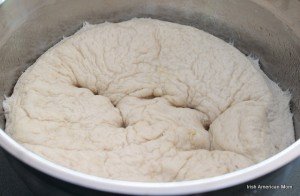 punching down a risen batch of Irish potato bread yeast dough