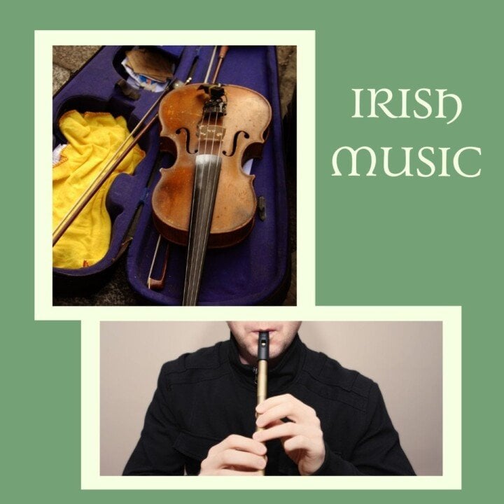 Irish Music | Irish American Mom Fiddle in a case plus a man playing a tin whistle on a graphic with text overlay