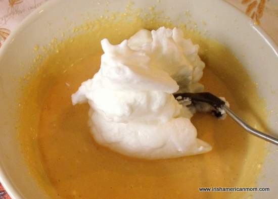 Adding beaten egg whites to pumpkin cheese mixture | Irish American Mom Adding beaten egg whites to pumpkin cheese mixture