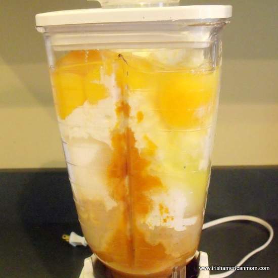 Baileys Pumpkin Cheese Pie Filling Ingredients in Blender | Irish American Mom Baileys Pumpkin Cheese Pie Filling Ingredients in Blender