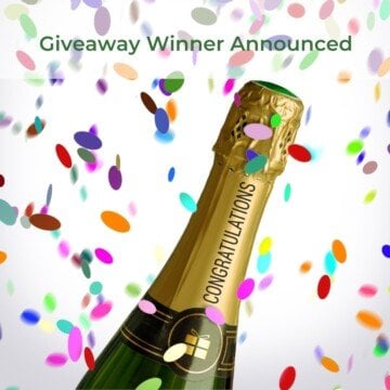 Bottle of champagne with confetti and text overlay