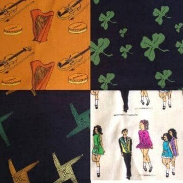 Harps, reed crosses, shamrocks and Irish dancers on fabric quarters