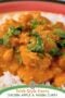 A serving of Irish-style chicken curry with apples and raisins over white rice, topped with herbs, with text reading “Irish Style Curry Chicken Apple & Raisin Curry.”