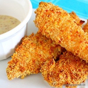 golden crispy chicken tenders beside honey mustard sauce