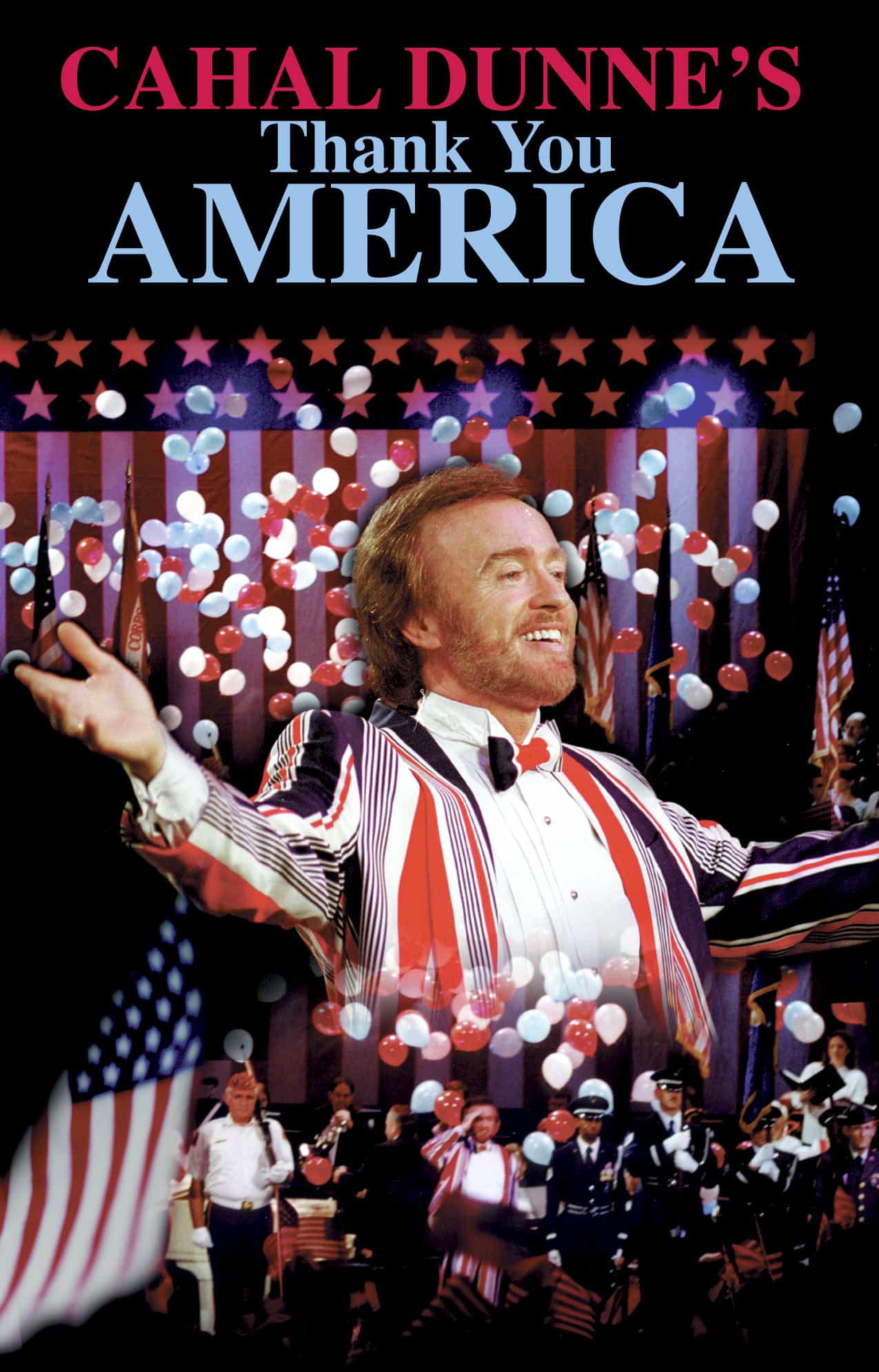 Man in a striped jacket with text banner