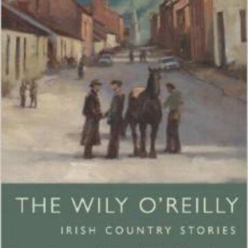 A village scene with a group of men with a horse plus text