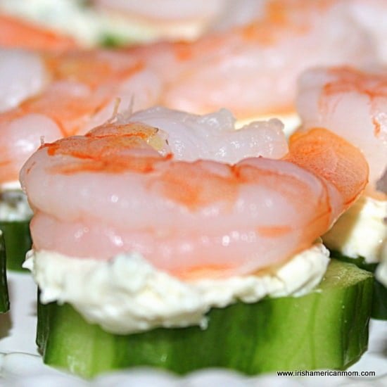 Easy Irish Appetizers Shrimp and Cucumber Bites | Irish American Mom Easy Irish Appetizers shrimp, cream cheese spread and cucumber.