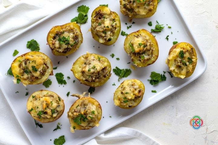 Irish stuffed potato bite appetizer | Irish American Mom Stuffed potato bites on a tray