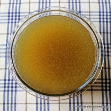 Aerial shot of a bowl of chicken stock